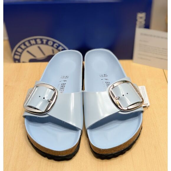Birkenstock Madrid Big Buckle Baby Blue Natural Leather Patent Sandals EU 40 NIB - Picture 5 of 13